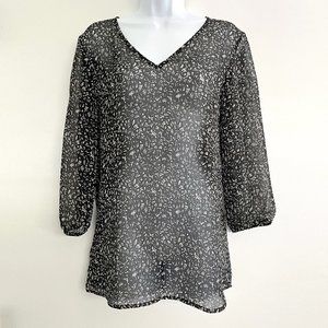 Ann Taylor 3/4 Stretch Sleeve Black Print Sheer Tunic Top